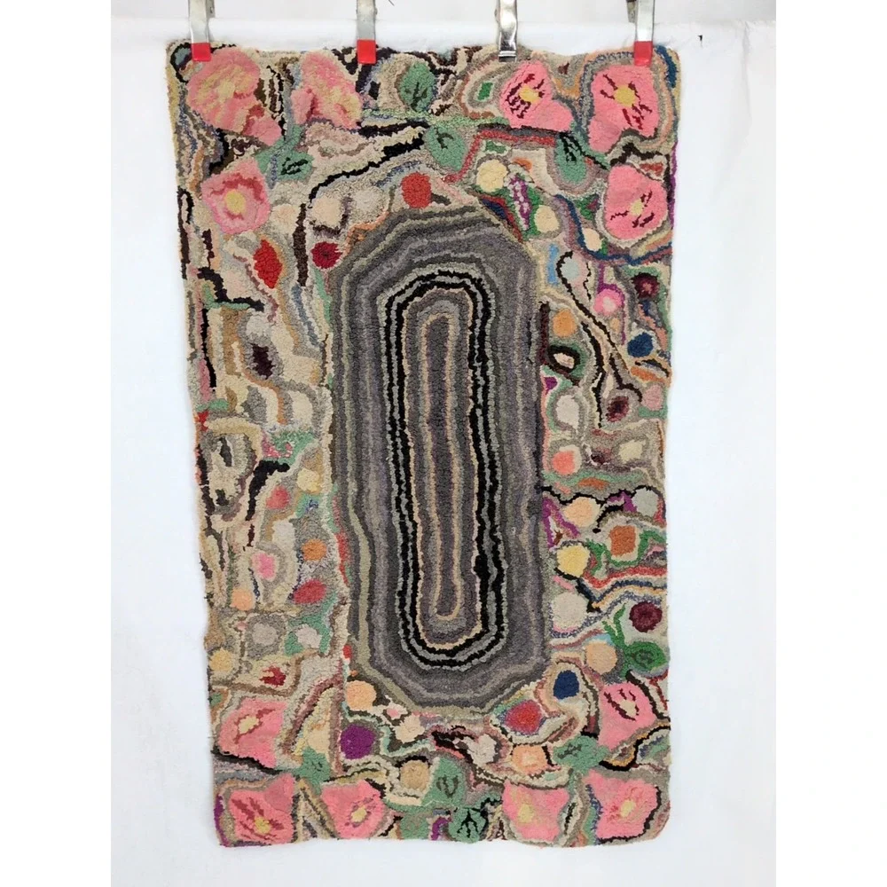 VTG Antique Hand Hooked Rug Wool Crazy Unique Folk Art Handmade Hit Or Miss